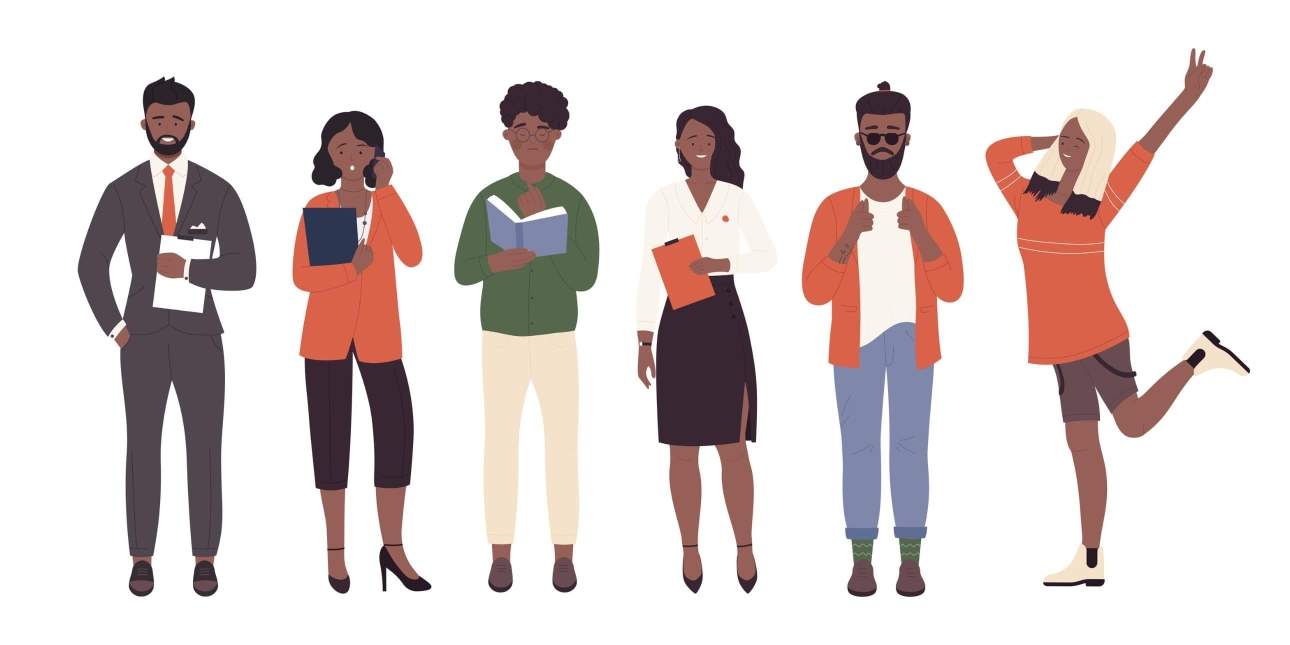 Illustration of six black men and women in different outfits, holding books, folders and clipboards